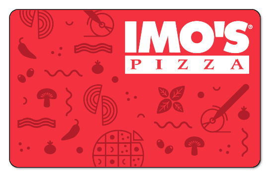 imo's pizza white logo on a red background with images of pizza, pizza cutter, and toppings